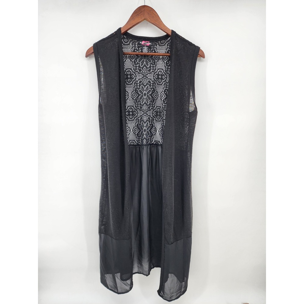 Body Central Black Lace Mesh Sheer Longline Open Front Vest Size M Whimsigoth